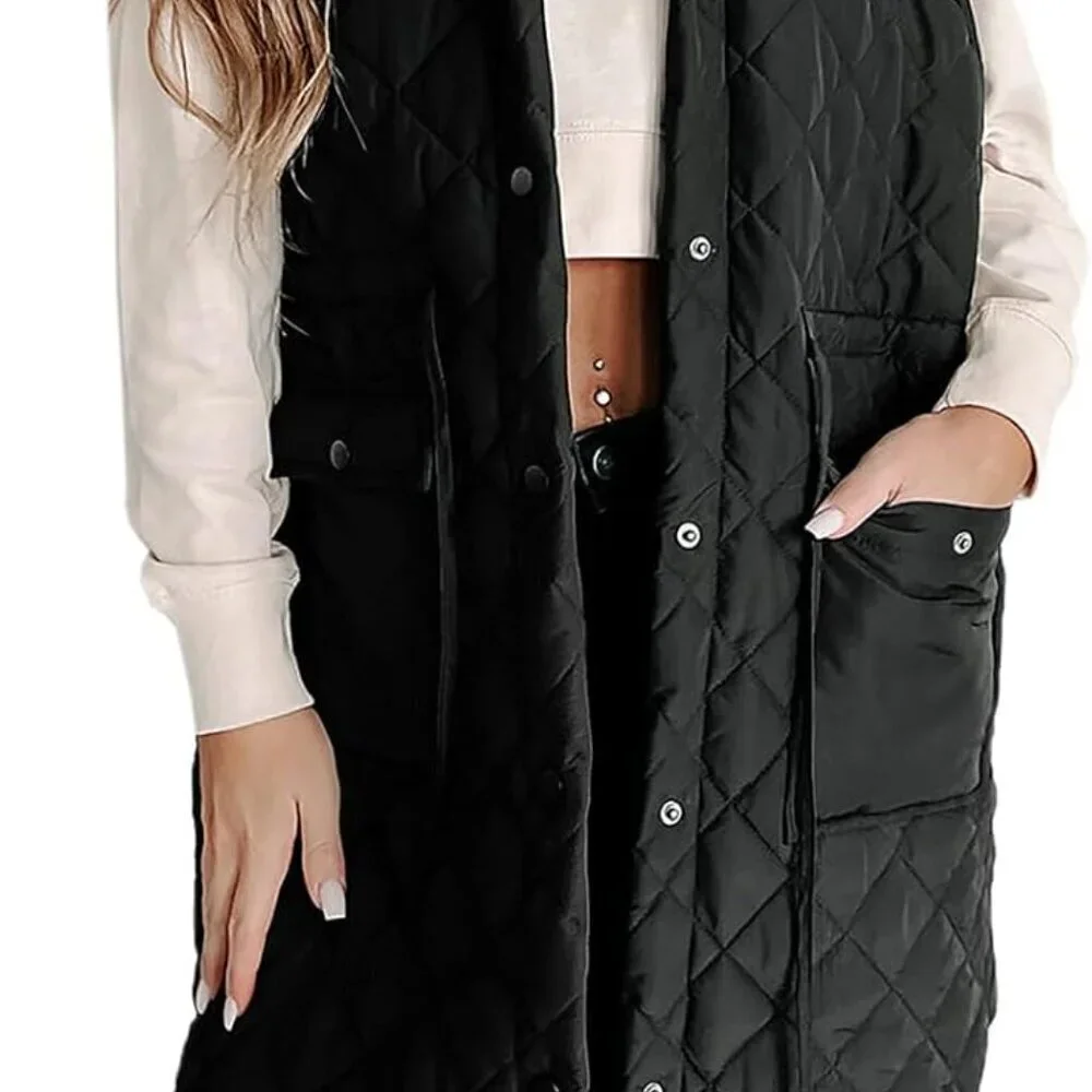 Women's Sleeveless Long Puffer Vest Quilted Hooded Winter Coat Light Warm - Picture 4 of 6